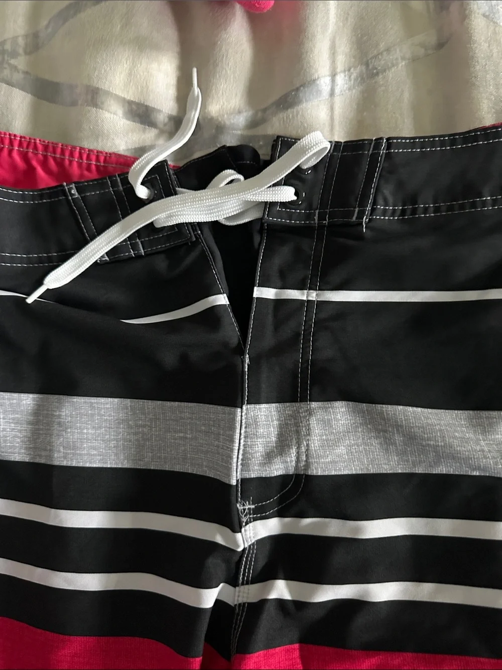 Old Navy Black, Gray & Red Striped Swim Board Shorts